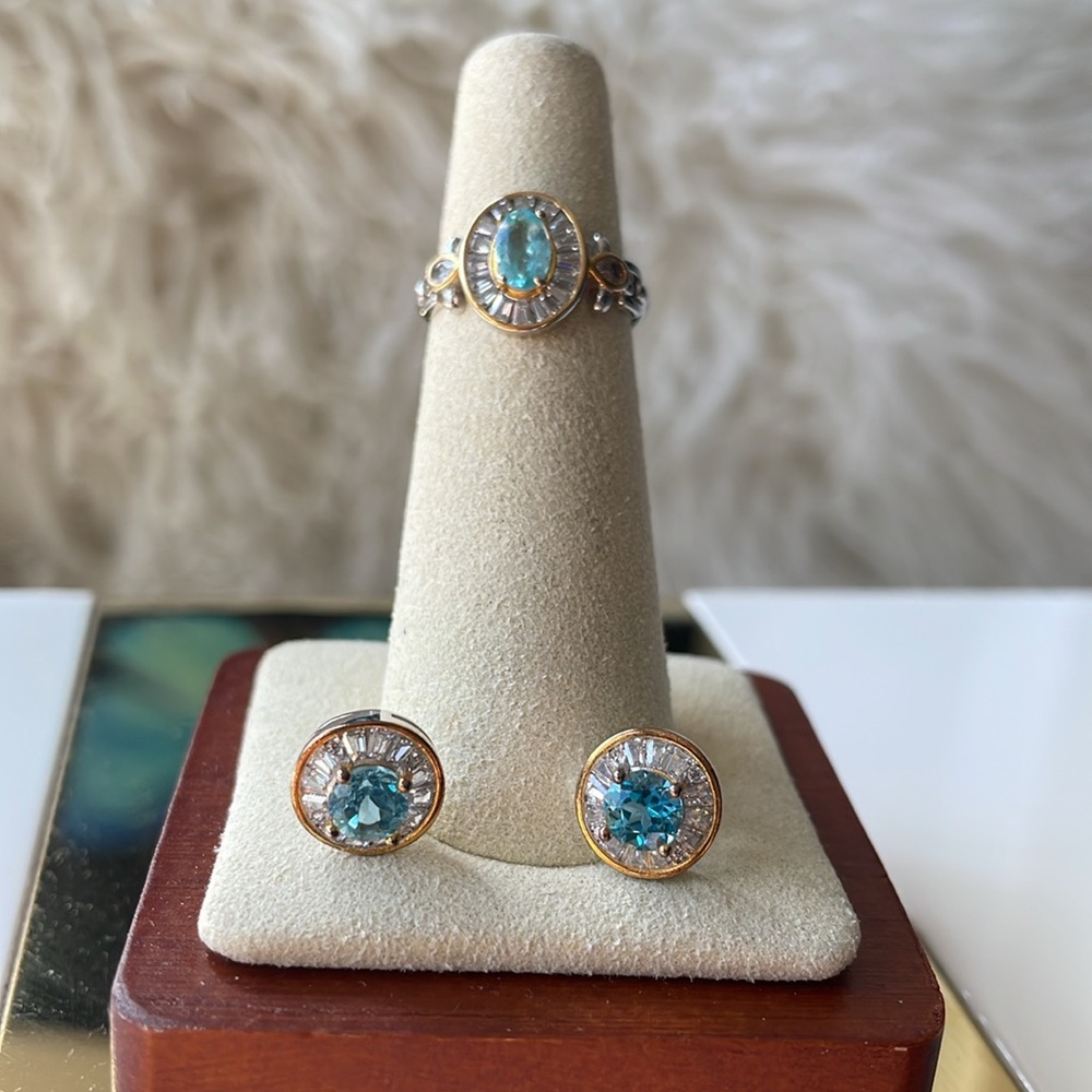 Elegant Blue Topaz S925 silver and 18k gold Jewelry Set Ring and Earrings